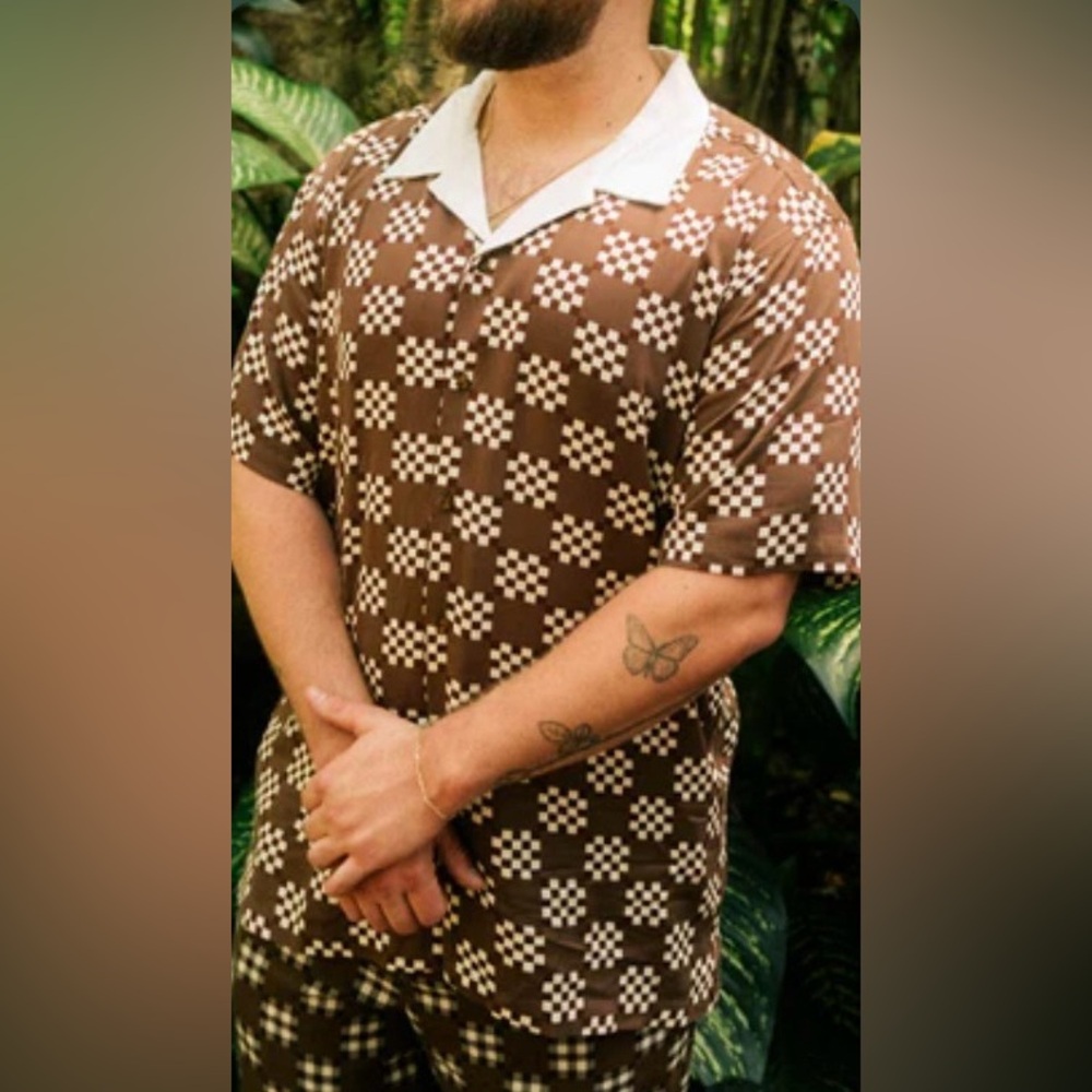 New Bogey Boys Macklemore Big Check Brown Golf Button Up Shirt Men's Large